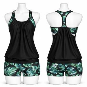 Yonique Blouson Tankini Sz M 2pc Swimsuit Tummy Control Botanical Green Blue NWT